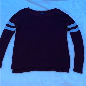 burgundy long sleeved shirt with grey stripes